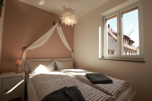 フリードリヒスハーフェンにあるLa Rimessa Ferienappartementのベッドルーム(ベッド1台、窓付)