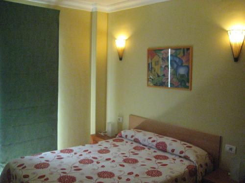 サンタクルス・デ・テネリフェにあるS/C de Tenerife, apartamento 1 dormitorioのベッドルーム1室(赤い花の毛布付きのベッド1台付)