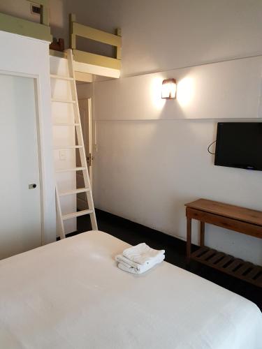 a bedroom with a bed and a tv and a ladder at Hosteria El Colonial in Baradero