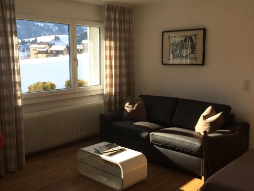 ein Wohnzimmer mit einem Sofa und einem Fenster in der Unterkunft Apartment in Disentis with Garden BBQ Views in Disentis