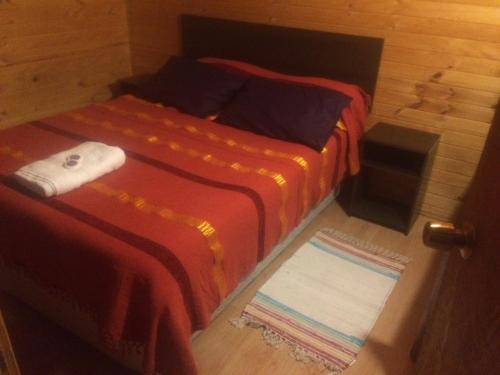 ein kleines Schlafzimmer mit 2 Betten und einem Teppich in der Unterkunft Turismo Montaña II in La Ensenada