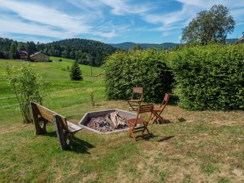 two chairs and a fire pit in a field at Apartment in a quiet location with balcony in Herrischried