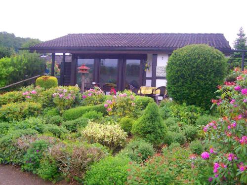 a garden with bushes and flowers in front of a house at Holiday home on Lake Henne with terrace in Meschede