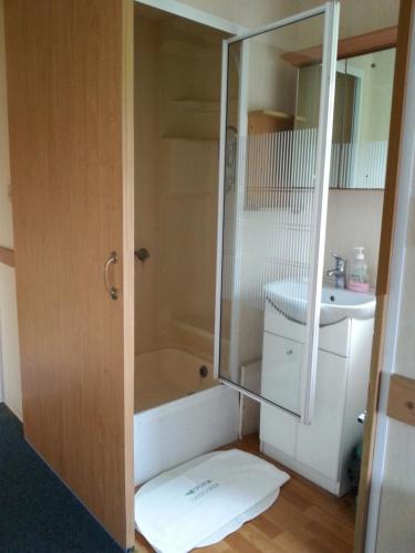 uma casa de banho com um chuveiro e um lavatório. em Domek wypoczynkowy Zdrój em Wysowa-Zdrój
