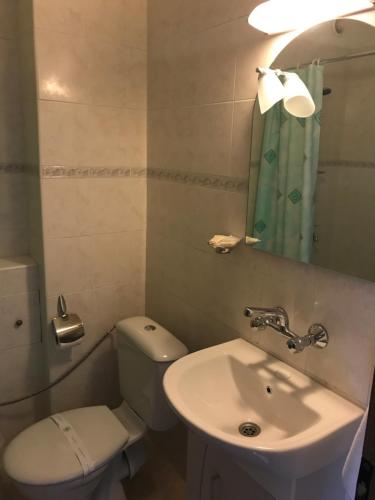 bagno con servizi igienici, lavandino e specchio di Durchova Kashta Family Hotel a Bansko