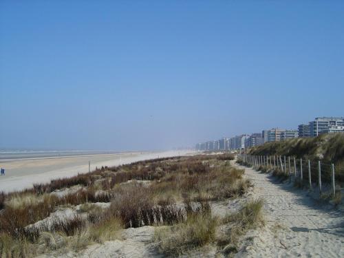 a sandy beach with buildings in the background at Clos Normand Duplex in De Panne
