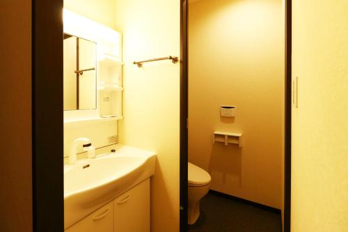 a bathroom with a sink and a toilet and a mirror at Ryokan Karasawa in Kanazawa