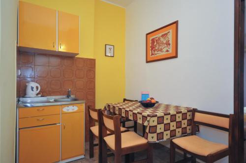 a kitchen with a table and chairs and a kitchen with yellow at Apartments Balic in Sveti Stefan
