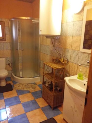 a bathroom with a shower and a toilet and a sink at Chata Talia in Liptovský Mikuláš
