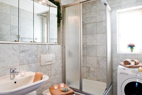 W łazience znajduje się prysznic, umywalka i pralka. w obiekcie Penthouse Ostseepanorama w mieście Pelzerhaken