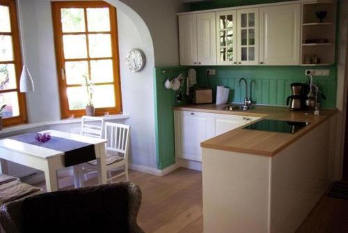 a kitchen with green walls and a table and a table and chairs at Seerose in Alt Wendischthun
