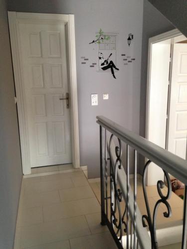 a hallway with a staircase with a white door and a stair railing at Holiday Home Barska Vila in Bar