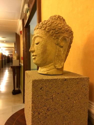 a statue of a head on a block in a museum at Hotel Maria Luisa in Burgos