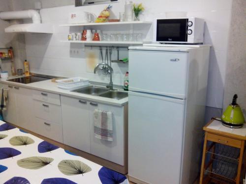 a white refrigerator freezer sitting on top of a kitchen counter at Casa Do Marabillas in Portomarin