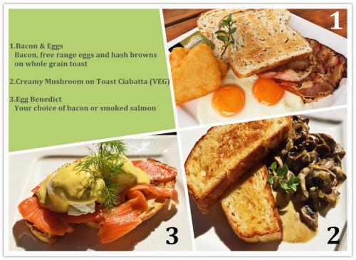 eine Collage mit drei Bildern von Essen auf einem Teller in der Unterkunft Pukaki Holiday Apartments in Rotorua