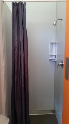 a shower with a curtain in a bathroom at Fairlie Holiday Park in Fairlie