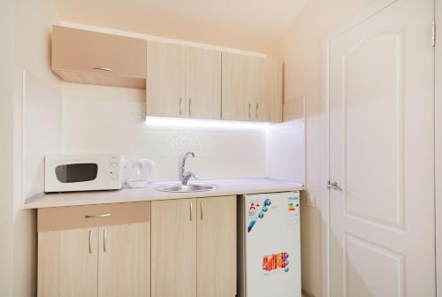 a kitchen with a microwave and a refrigerator at Apartments near Deribasovskaya in Odesa