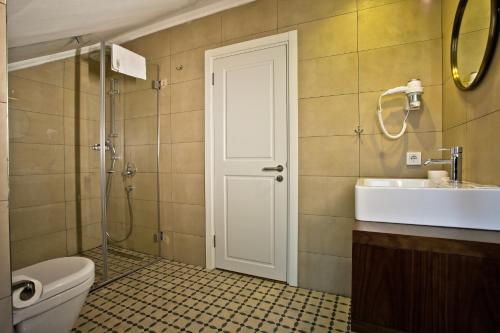 e bagno con lavandino, servizi igienici e doccia. di Villa Blanche Hotel SPA & Garden Pool a Istanbul