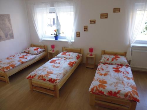 a room with two beds and two windows at Rodinný Penzion Kyjov in Kyjov