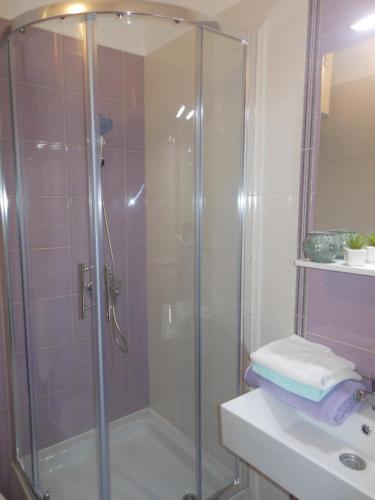 a shower with a glass door in a bathroom at Donami Apartments in Pag