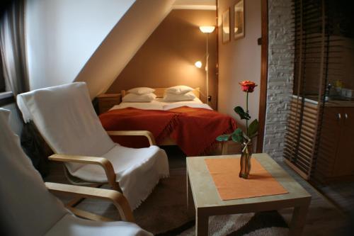 ザコパネにあるApartamenty Centrum Zakopaneのベッドルーム1室(ベッド1台、椅子、テーブル付)