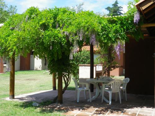 a table and chairs under a tree with purple flowers at Cabañas La Curucucha in Nono