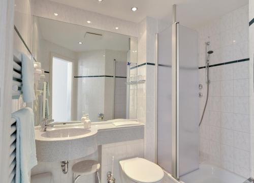 a bathroom with a toilet and a sink and a shower at Hotel Garni "Am Ellinger Tor" in Weißenburg in Bayern