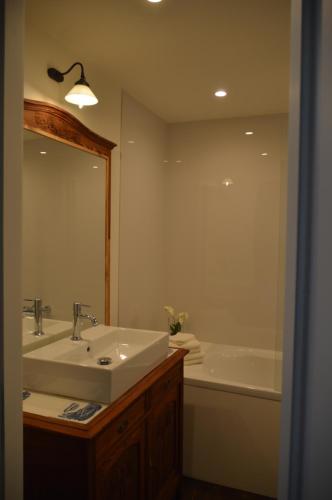 a bathroom with a sink and a tub and a mirror at B&B In den Roden Schilt in Mechelen