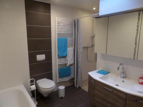 ein Bad mit einem WC und einem Waschbecken in der Unterkunft Ferienwohnung Baumann in Westoverledingen