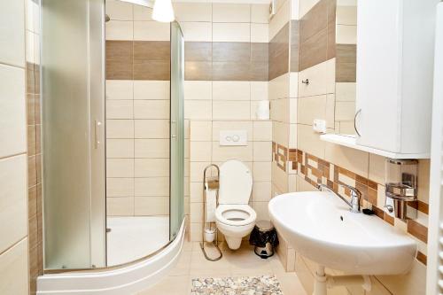 e bagno con servizi igienici, lavandino e doccia. di Kasablanka apartments a Praga