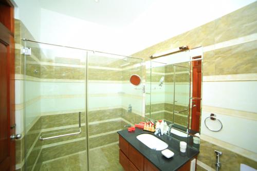 a bathroom with a glass shower and a sink at Ruins Chaaya Hotel in Polonnaruwa