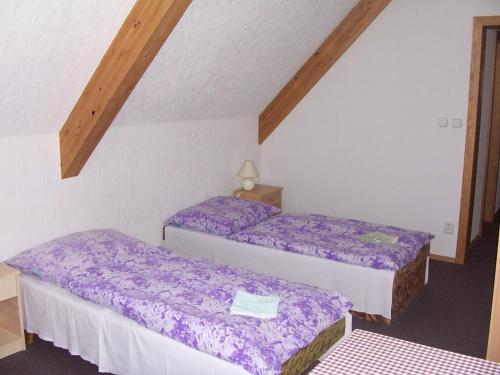 two beds in a room with purple sheets at Penzion Chanos in Stříbro