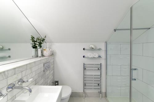 a bathroom with a toilet and a sink and a mirror at Boskerris Hotel in St Ives