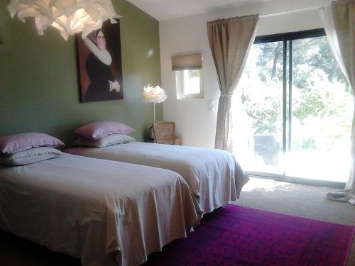 a bedroom with two beds and a window with a view at La Maison de Charlie in Vaugines