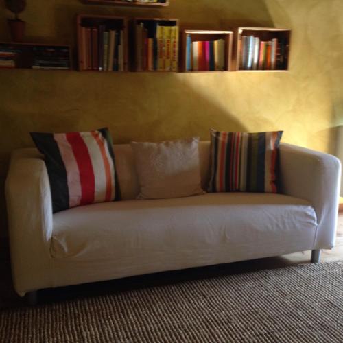 a white couch in a living room with books on the wall at Agriturismo Viridarium in Castellucchio