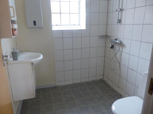łazienka z toaletą i umywalką w obiekcie Kristiansminde Farm Holiday w mieście Tistrup