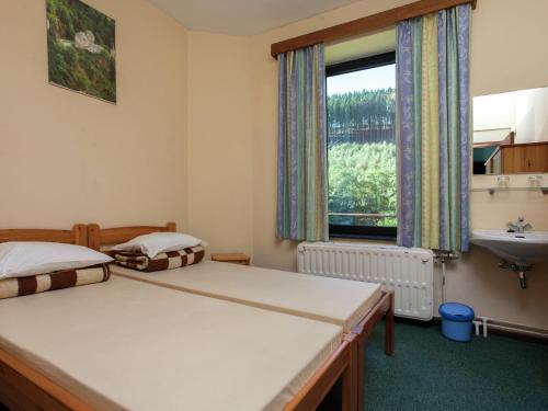 a bedroom with two beds and a sink and a window at Spacious holiday home with roofed terrace in La Gleize