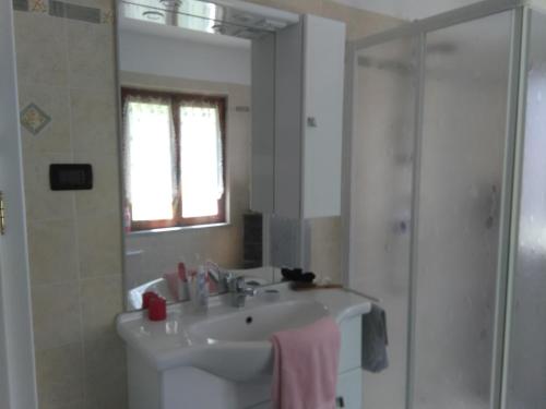 un bagno bianco con lavandino e doccia di Ranch Dei Salassi Residence a Lillianes
