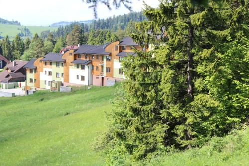 a group of houses on a hill with a tree at Pine Wood Apartment in Vyšné Ružbachy