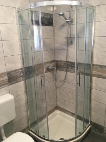 La salle de bains est pourvue d'une douche et de toilettes. dans l'établissement Apartment Konavec, à Kobarid