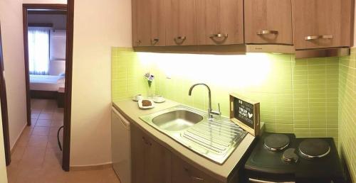 a small kitchen with a sink and a stove at Liogerma Apartments in Tsoukaladhes