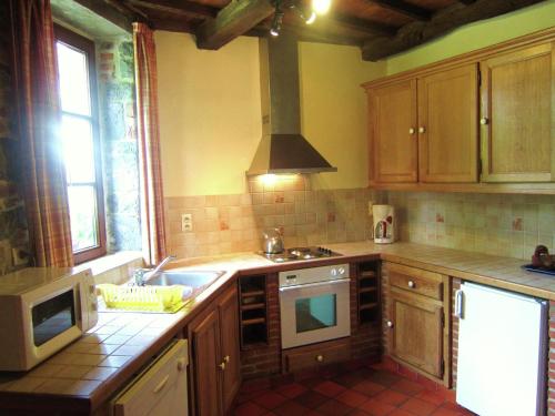 a kitchen with a sink and a stove top oven at Alpine Getaway in Neustift in Treignes