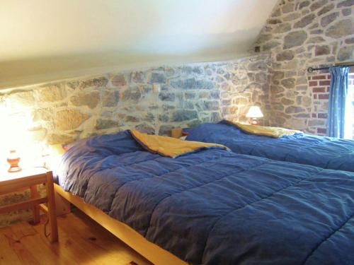 - 2 lits dans une chambre avec un mur en pierre dans l'établissement Lively Holiday Home in Viroinvlal with Garden, à Treignes
