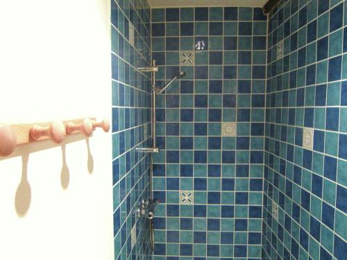 a bathroom with a blue tiled shower at Alpine Getaway in Neustift in Treignes