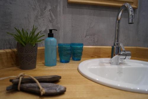 a bathroom counter with a sink and a bottle of soap at Haus Süderende in Niebüll