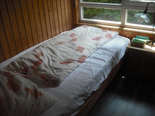 1 cama en una habitación junto a una ventana en North Sea Holiday Home in Horumersiel with Terrace, Barbecue en Bremke