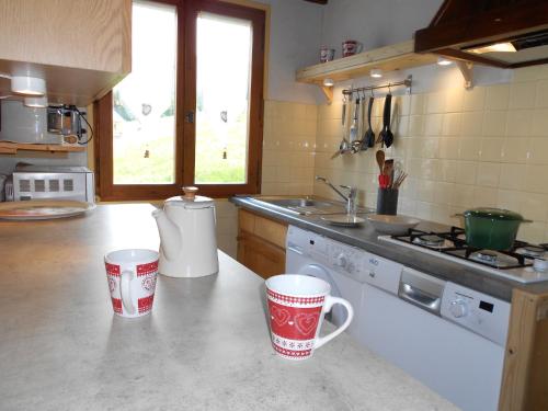 two coffee cups sitting on a counter in a kitchen at Cosy chalet with garden in Notre-Dame-de-Bellecombe