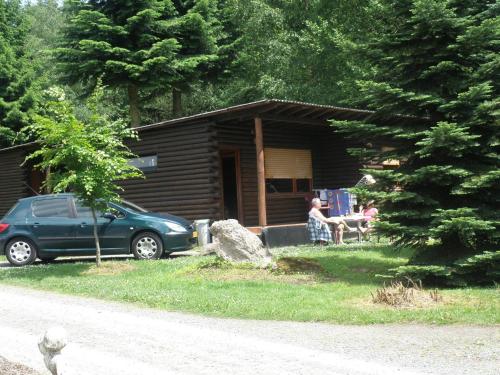 SellerichにあるTidy furnished wooden chalet, located close to the forestの丸太小屋の前に駐車した車