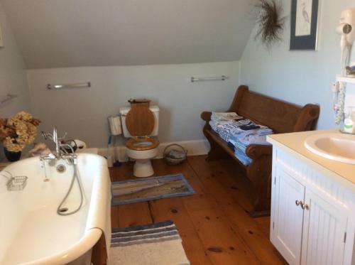 a bathroom with a toilet and a sink and a couch at Clary Lake Bed and Breakfast in Jefferson