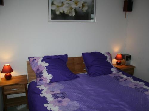 um quarto com uma cama com lençóis roxos e 2 candeeiros em Tidy holiday home with dishwasher, in a green area em Kopp